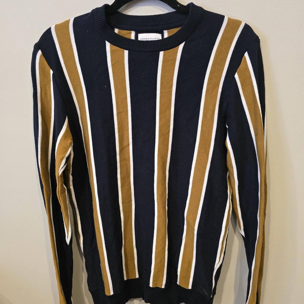 Denim & Flower Men's Crewneck Sweater - Navy, Tan, and White Stripes